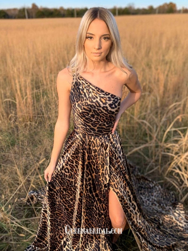 Sexy One Shoulder Leopard Print A-line Slits Evening Gowns Prom Dresses , QBP021