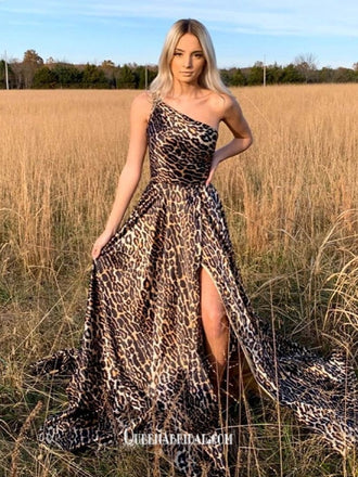 Sexy One Shoulder Leopard Print A-line Slits Evening Gowns Prom Dresses , QBP021