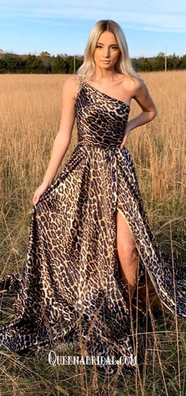 Sexy One Shoulder Leopard Print A-line Slits Evening Gowns Prom Dresse QueenaBridal Sexy One Shoulder Leopard Print A-line Slits Evening Gowns Prom Dresse QueenaBridal