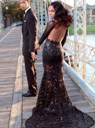 Black Scoop See Through Backless Long Cheap Lace Prom Dresses, QB0658