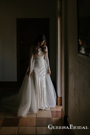 Charming Bateau Long Sleeve Ivoey Lace Mermaid Long Cheap Wedding Dresses, WDS0026