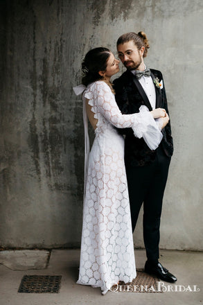 Popular Long Sleeve Backless Lace Mermaid Long Cheap Wedding Dresses, WDS0028