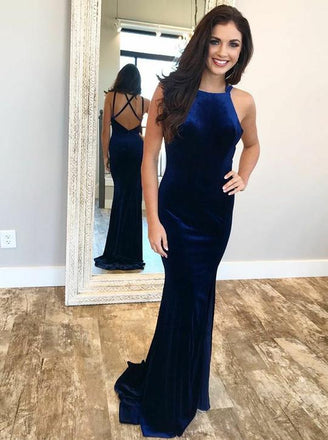 Sexy Blue Velvet Mermaid Long Cross Back Evening Prom Dresses, QB0468