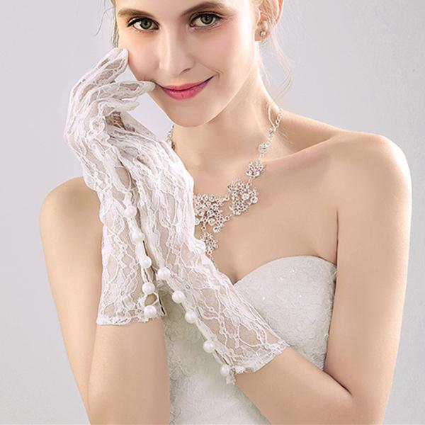 Long Bridal Gloves, White Lace Wedding Gloves, Gloves With Beaded, Lovely Gloves, TYP0564