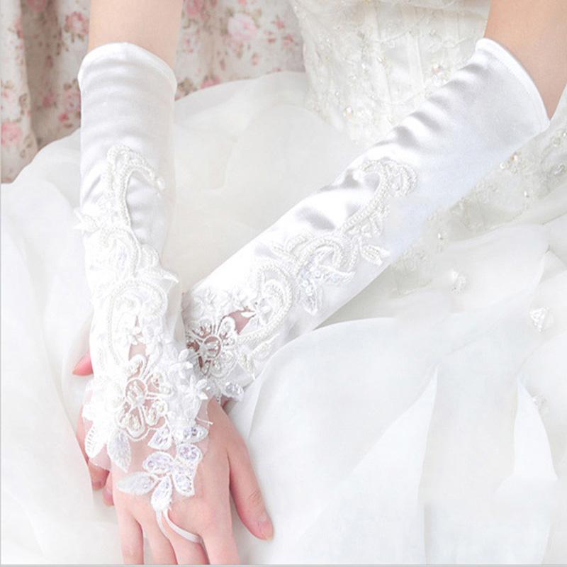 Long Satin Wedding Gloves, Lace Appliques Gloves, White Gloves, TYP0561