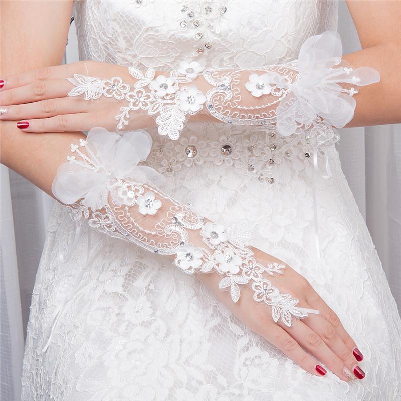 Light Ivory Beaded Wedding Gloves, Bridal Lace Gloves, Floral Appliques Is For Sale, TYP0571