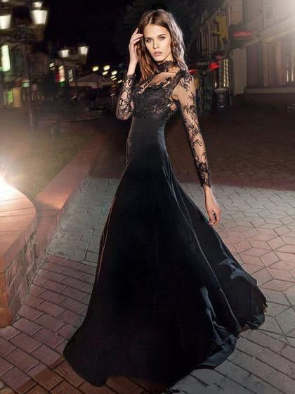 A Line Black Prom Dress Modest Beautiful Cheap Lace Long Prom Dresses, QueenaBridal A Line Black Prom Dress Modest Beautiful Cheap Lace Long Prom Dresses, QueenaBridal