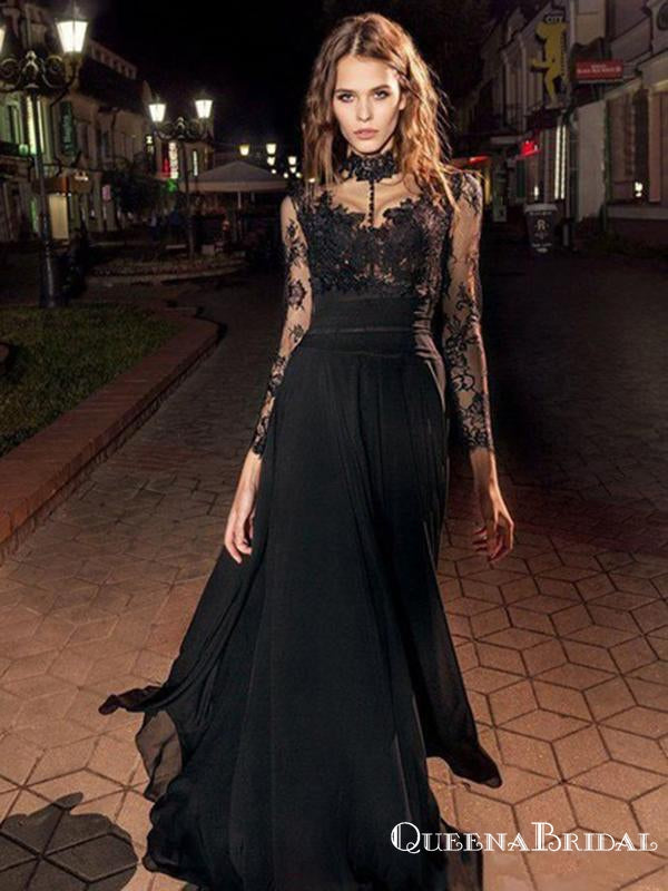 A Line Black Prom Dress Modest Beautiful Cheap Lace Long Prom Dresses, QB0788