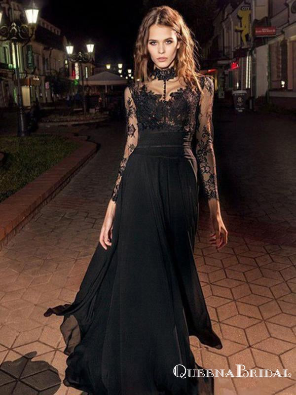 A Line Black Prom Dress Modest Beautiful Cheap Lace Long Prom Dresses, QueenaBridal A Line Black Prom Dress Modest Beautiful Cheap Lace Long Prom Dresses, QueenaBridal