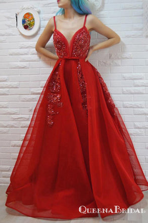 A-Line Spaghetti Straps Red Beaded Prom Dresses with Appliques, QB0711