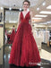 Sparkly Burgundy Sequins Cheap Long V Neck A Line Prom Dresses, QB0593