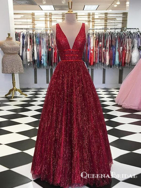 Bbonlinedress Burgundy Long V-Neck Prom Dress Sparkly Sequined A