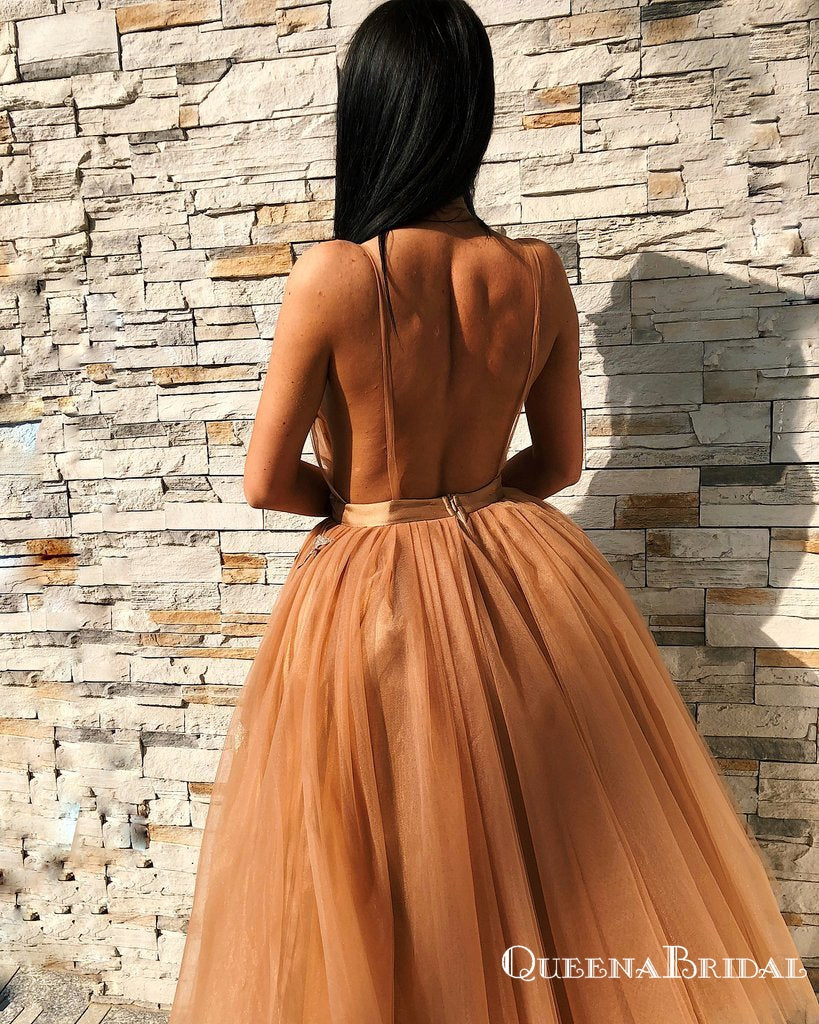 Chic V-Neck Sleeveless Brown Tulle Short Homecoming Dresses With Applique, QB0836