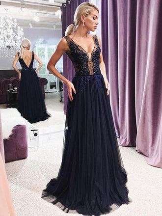 Dark Navy Blue V Neck See Through Long Evening Prom Dresses, QB0413