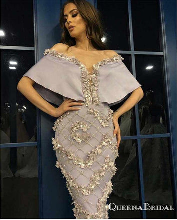 Unique Design New Arrival Off-The-Shoulder Sleeveless Charming Grey Satin Prom Dresses With Applique, PDS0010