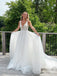 Charming V-neck Lace Appliqued Tulle A-line Long Cheap Beach Wedding Dresses, WDS0043