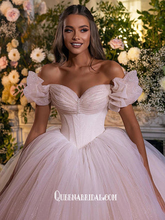 Courtly Style Puff Sleeve Pleating Sequins Tulle Ball Gown Wedding Dresses Prom Dresses, WGP214