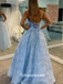 Blue Spaghetti Straps Satin Sequins Tulle A-line Long Party Gowns Prom Dresses, WGP216