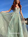 Light Green Spaghetti Straps Appliques Tulle A-line Long Party Gowns Prom Dresses, WGP217