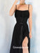 Black Spaghetti Straps Criss Cross Lace-up Slits Sheath A-line Evening Gowns Prom Dresses, WGP222