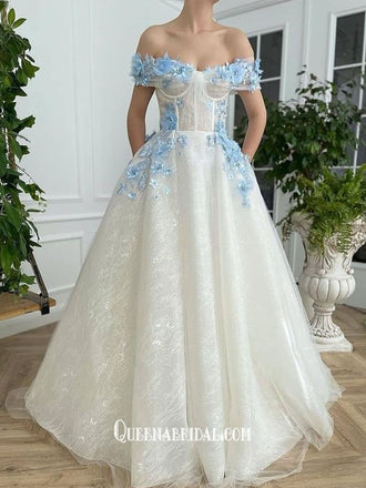 Off Shoulder Blue Handmade Flowers A-line Evening Gowns Prom Dresses, WGP226