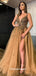 Gorgeous Champagne Gold Rhinestones Beaded A-line Tulle Evening Gowns Prom Dresses, WGP230