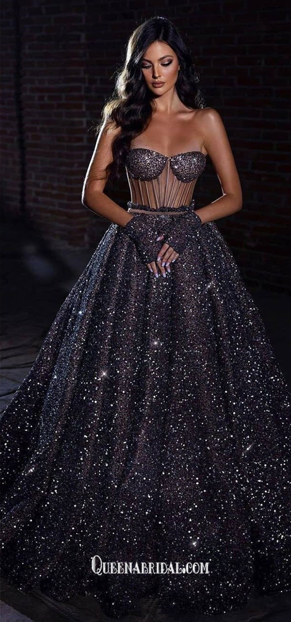 Black Starry Sky Sequins Shinny A-line Sweetheart Strapless Evening Go QueenaBridal Black Starry Sky Sequins Shinny A-line Sweetheart Strapless Evening Go QueenaBridal