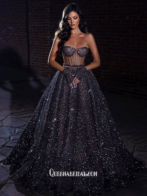 Black Starry Sky Sequins Shinny A-line Sweetheart Strapless Evening Go QueenaBridal Black Starry Sky Sequins Shinny A-line Sweetheart Strapless Evening Go QueenaBridal