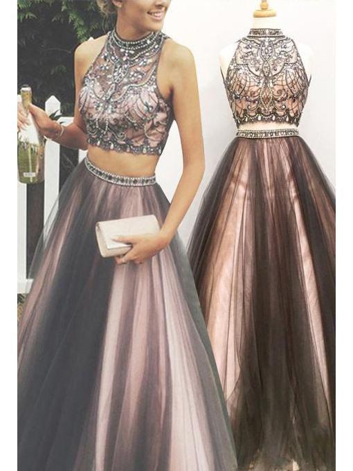 A-line Halter High Neck Beaded Top Tulle Two Piece Long Prom Dresses, QueenaBridal A-line Halter High Neck Beaded Top Tulle Two Piece Long Prom Dresses, QueenaBridal