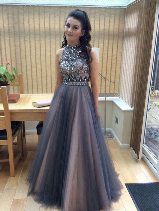 A-line Halter High Neck Beaded Top Tulle Two Piece Long Prom Dresses, QueenaBridal A-line Halter High Neck Beaded Top Tulle Two Piece Long Prom Dresses, QueenaBridal