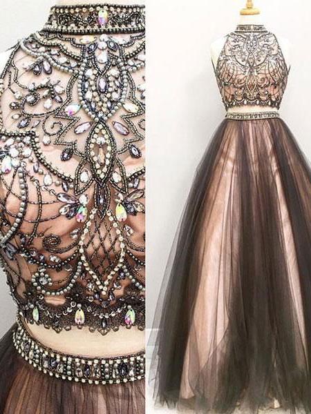 A-line Halter High Neck Beaded Top Tulle Two Piece Long Prom Dresses, QueenaBridal A-line Halter High Neck Beaded Top Tulle Two Piece Long Prom Dresses, QueenaBridal