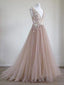 A Line Lace Appliqued V-Neck Prom Dresses Chic Nude Quinceanera Prom Dresses, QB0281