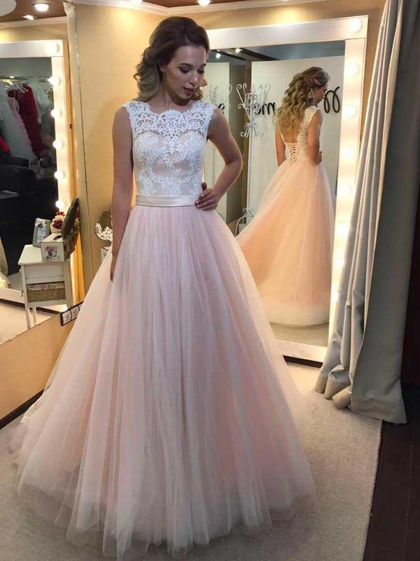 A-line Light Pink Tulle Prom Dresses White Lace Applique Quinceanera D QueenaBridal A-line Light Pink Tulle Prom Dresses White Lace Applique Quinceanera D QueenaBridal