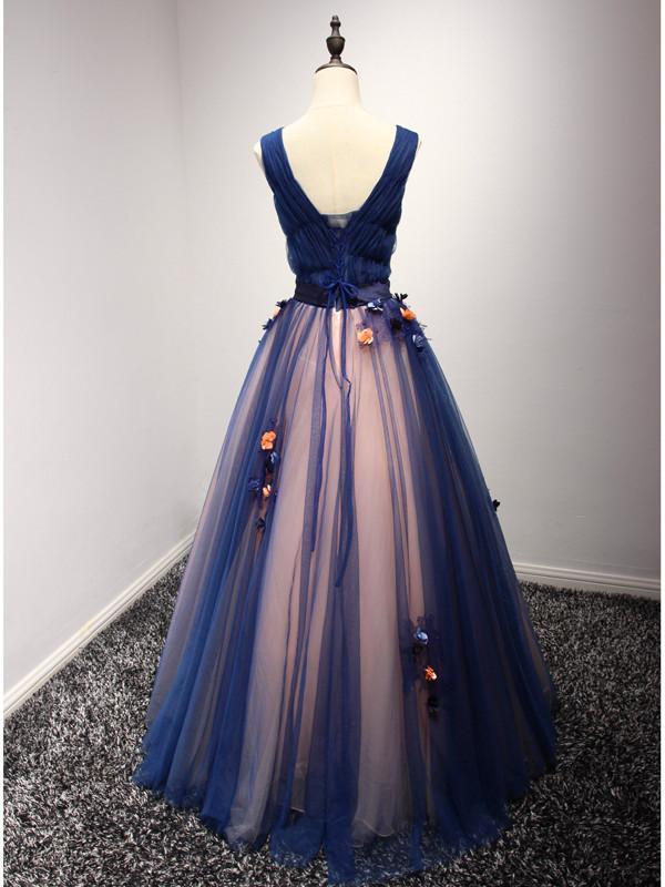 A Line Navy Blue Flower Appliqued Prom Dresses Bow Beaded Quinceanera QueenaBridal A Line Navy Blue Flower Appliqued Prom Dresses Bow Beaded Quinceanera QueenaBridal