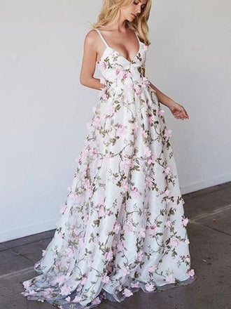 A-line Princess V-neck Floral Prom Dresses Long 3D Appliqued Lace Formal Dresses, QB0274
