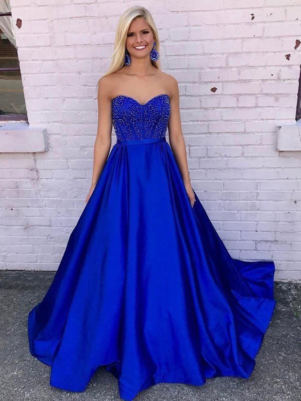 A-line Sweetheart Neck Royal Blue Satin Long Prom Dresses Online, QB02 QueenaBridal A-line Sweetheart Neck Royal Blue Satin Long Prom Dresses Online, QB02 QueenaBridal