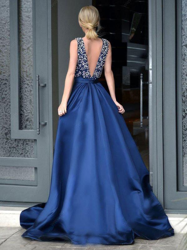 A-line V-neck Beaded Bodice Navy Blue Satin Long Prom Dresses, QB0346 QueenaBridal A-line V-neck Beaded Bodice Navy Blue Satin Long Prom Dresses, QB0346 QueenaBridal