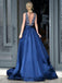 A-line V-neck Beaded Bodice Navy Blue Satin Long Prom Dresses, QB0346