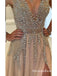 A-line V-neck Evening Dress with Slit Sexy Shiny Rhinestone Long Prom Dresses, QB0335