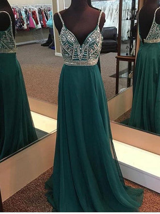 A-line V-neck Spaghetti Strap Green Chiffon Long Beaded Prom Dresses, QB0311