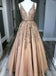 Ball Gown V Neck Open Back Gold Lace Long Prom Dresses with Beading, QB0583
