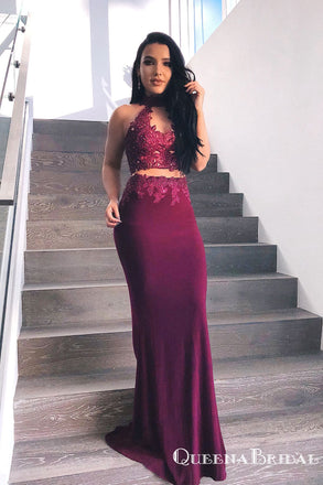 Sheath Round Neck Keyhole Burgundy Stretch Satin Prom Dresses with Appliques, QB0683