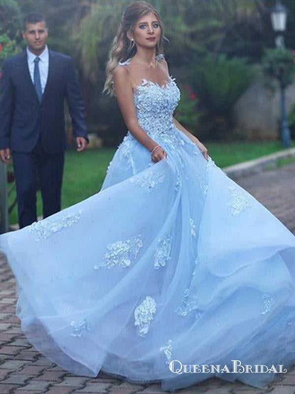 Baby Blue Illusion Neck Long Cheap Tulle Prom Dresses With Applique, QB0668