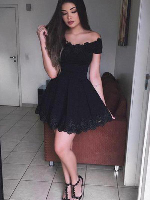Off Shoulder Black Lace Simple Cheap Short Homecoming Dresses 2018, Li QueenaBridal Off Shoulder Black Lace Simple Cheap Short Homecoming Dresses 2018, Li QueenaBridal