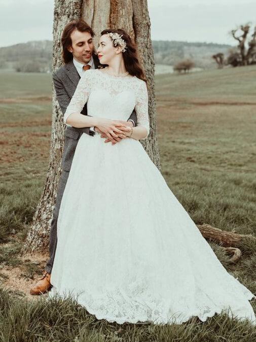 Backless Modest Vintage Lace Ball Gown Wedding Dresses with Sleeves, Q QueenaBridal Backless Modest Vintage Lace Ball Gown Wedding Dresses with Sleeves, Q QueenaBridal