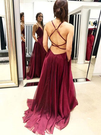 Sexy Backless V Neck Maroon Long Evening Prom Dresses, QB0414