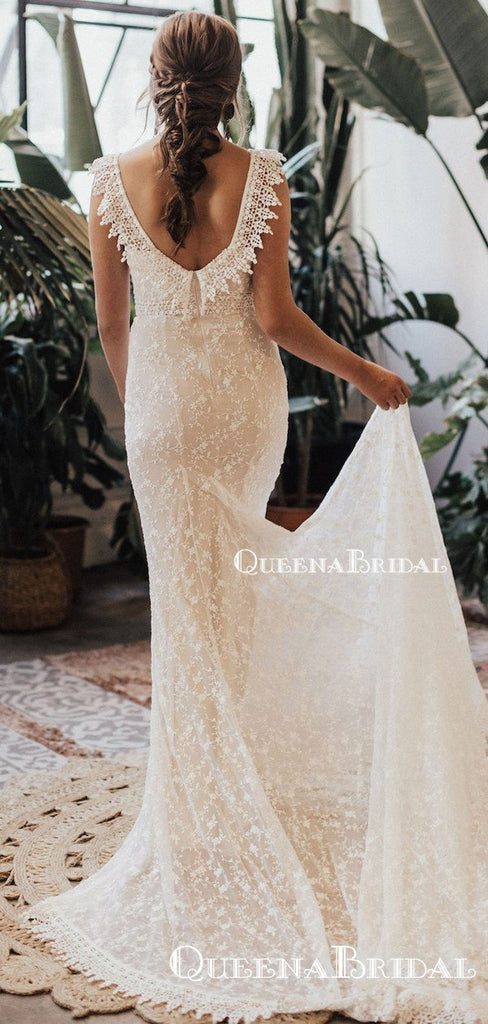 Charming Elegant Cute V-neck Sleeveless Long Cheap Mermaid Side Slit Lace Wedding Dresses, QB0933