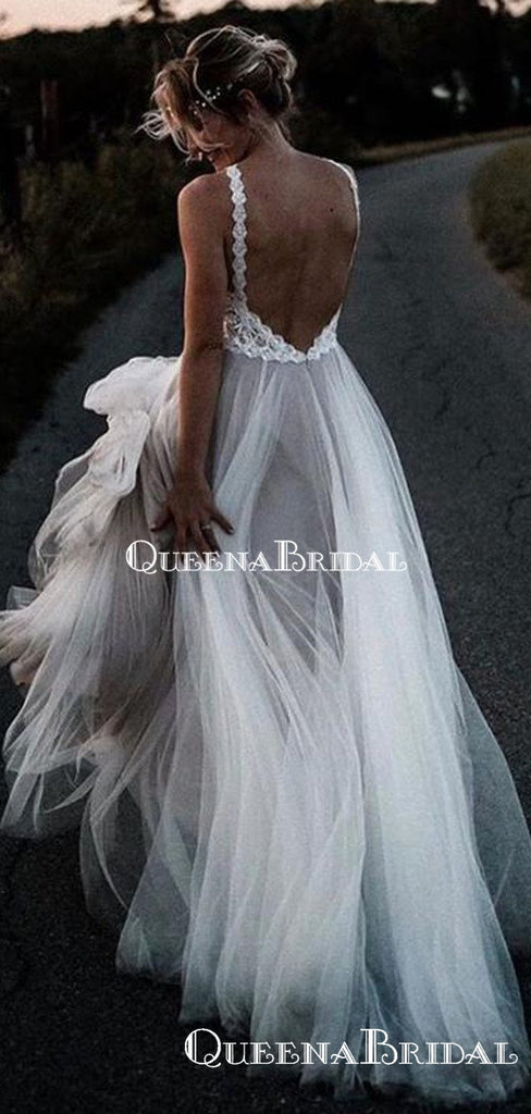 New Arrival V-neck White Tulle A-line Long Cheap Beach Wedding Dresses, WDS0040