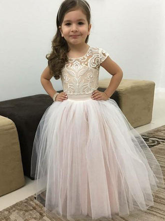 Ball Gown Round Neck Pink Tulle Flower Girl Dresses with Lace&Bow Knot, QB0229