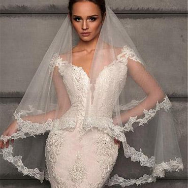 Modest Tulle Short Wedding Veil With Lace Appliques,WV0119